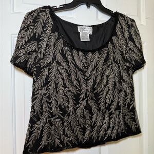 Papell Boutique Evening 100% Silk Black Beaded & Embroidered Blouse Large Leaves